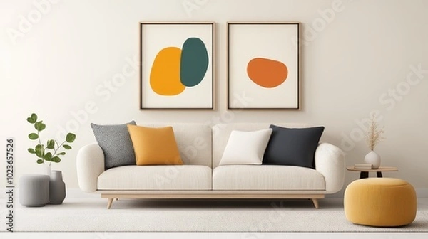 Fototapeta Square pillows with colorful abstract art, surrounded by contemporary furniture in a modern interior, 3D illustration