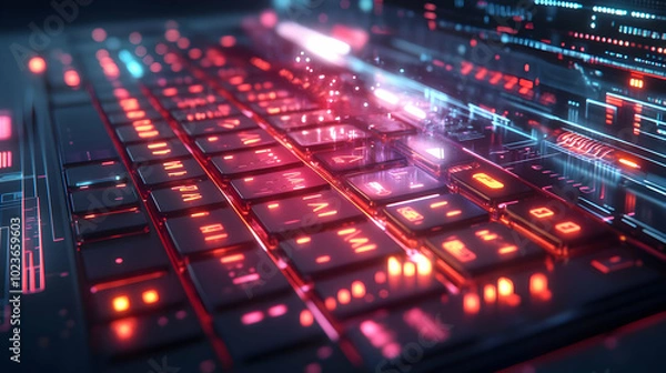Fototapeta Futuristic 3D Glowing Keyboard with Floating Holographic Automation Arrows and Steps for Modern Workflow Automation - Ideal for Tech Ads on Isolated White Background