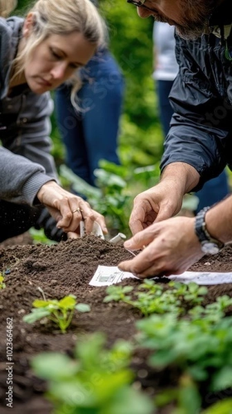 Fototapeta Gardeners in Outdoor Workshop Examining Soil Samples