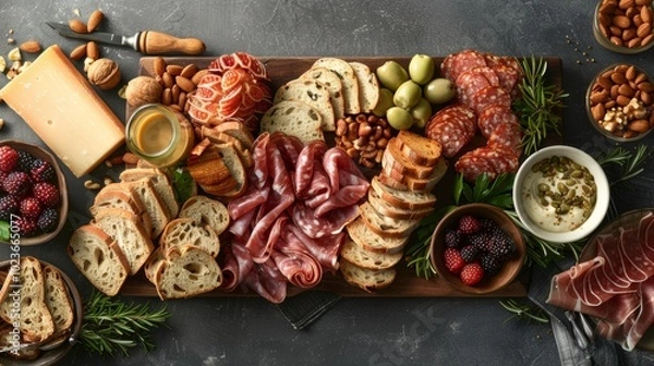 Fototapeta Artisanal Elegance Exquisite Charcuterie Board Brimming with Smoked Meats Fresh Fruits and Gourmet Nuts Perfect for Upscale Events and Gatherings