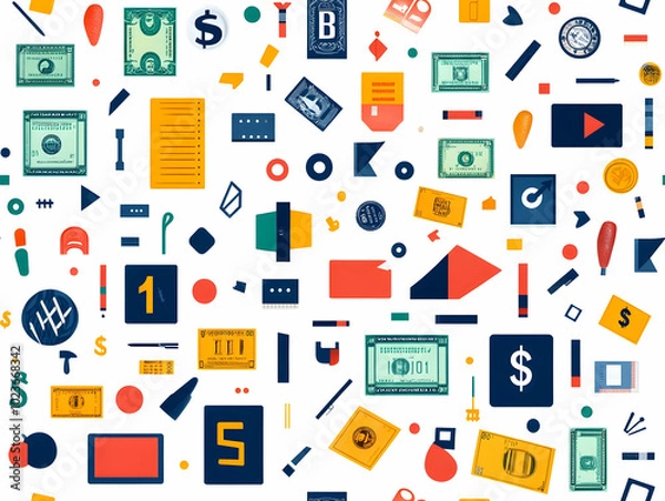 Fototapeta Seamless Flat Minimalist Tile Pattern with Subtle Advertising and Currency Motifs for Professional Business and Financial Design