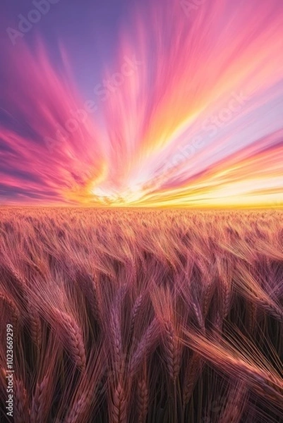 Obraz Vibrant Sunset Sky Over a Field of Wheat, A Striking Symphony of Colors in Nature.