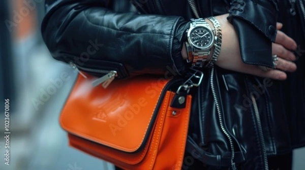 Fototapeta Close Up of a Stylish Hand with an Orange Bag and a Silver Watch