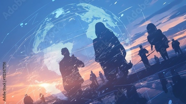 Fototapeta Silhouettes of people standing against a digital backdrop of a globe, representing global connectivity and technological integration with a futuristic ambiance.