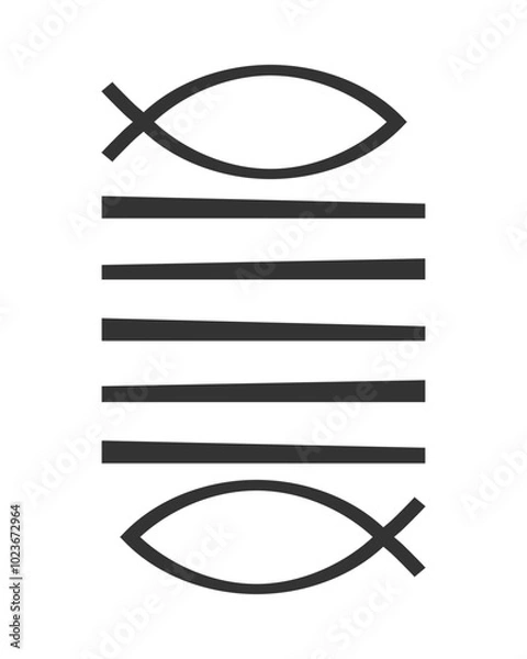 Fototapeta Five breads or loaves and two fish symbol. Bread miracle. ichtys sign. Vector illustration image.