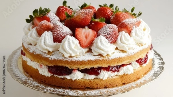 Obraz Fresh Strawberry Cake with Whipped Cream and Powdered Sugar