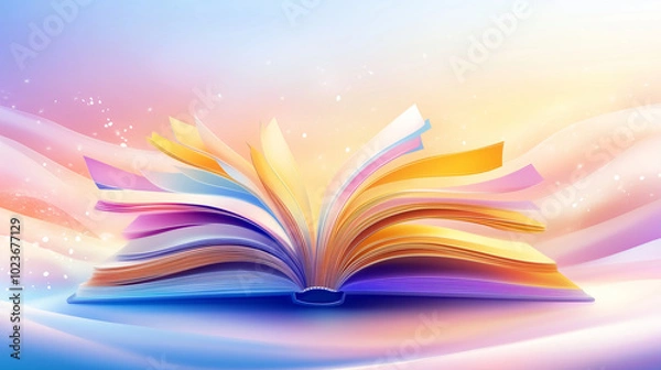Fototapeta Open book with vibrant pages on dreamy pastel background