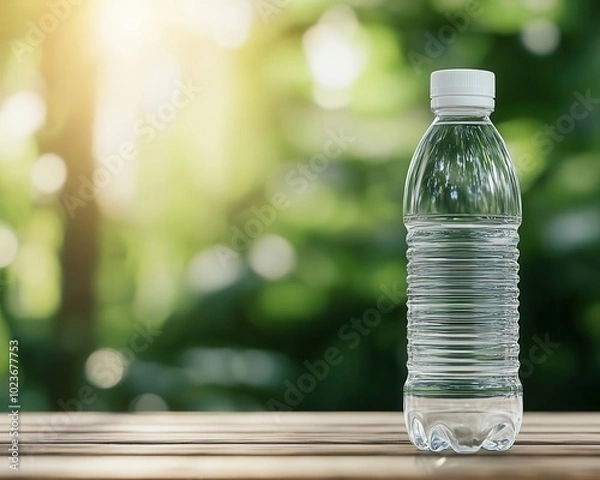 Fototapeta Biodegradable plastic water bottle, placed on a natural wooden table with sunlight reflecting through trees