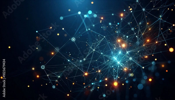 Obraz  Glowing tech network with connected nodes on a blue background, ideal for banners and social media.