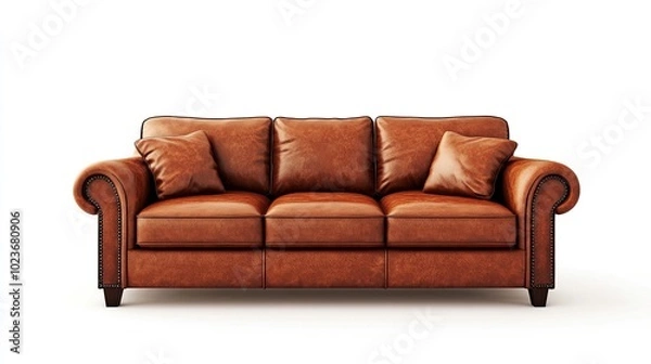 Obraz A rich brown leather sofa with two plush pillows placed on each end, displayed on a white background, emphasizing its timeless and luxurious appeal.