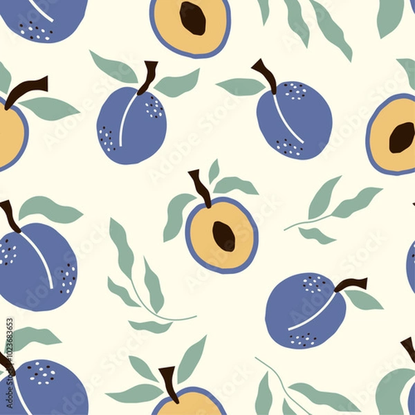 Fototapeta Seamless pattern with plums, branches with leaves and half a plum.