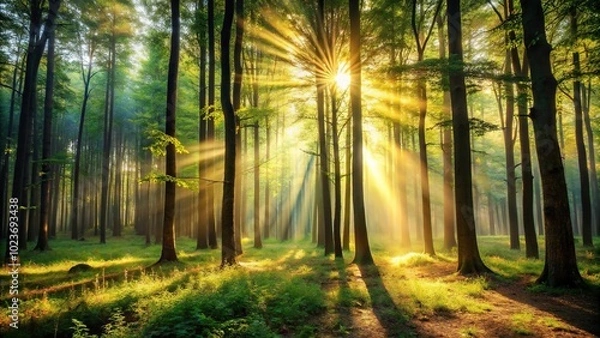 Obraz Harmonious blend of light and nature in forest with filtered sunlight