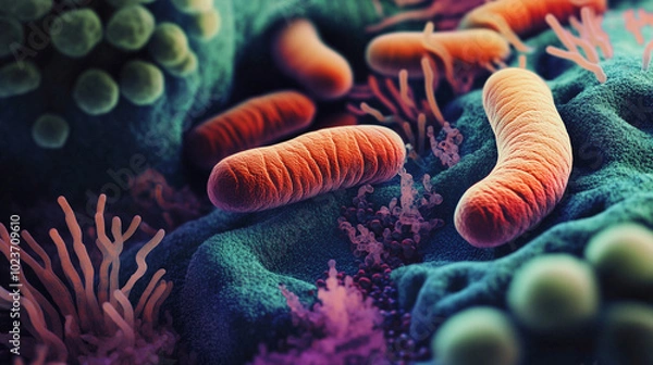 Fototapeta Electron microscope photo otherworldly microbe world with strange and wonderful shapes, textures, and colors