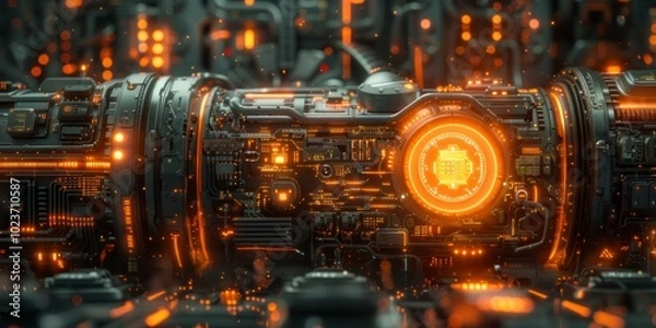Fototapeta Futuristic machine with a glowing orange circuits and high-tech components, resembling a cyberpunk engine in a digital environment.