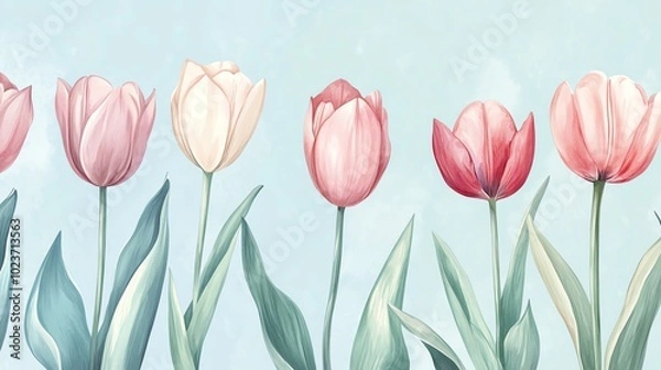 Fototapeta Minimalist watercolor tulips in soft pastels, arranged on a pale blue background, seamless repeat