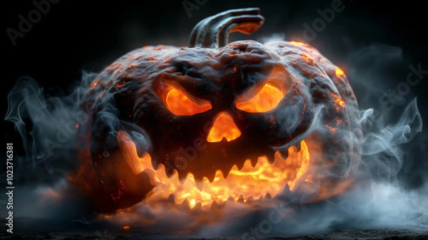 Obraz Horrible big pumpkin for Halloween laughs while spewing smoke and fire