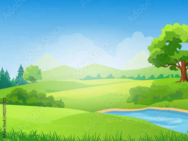 Fototapeta Green summer landscape. Beautiful natural panorama with river. Bushes and trees near water in sunny day. Tranquil hill with grass. Environment and nature. Cartoon Flat vector illustration
