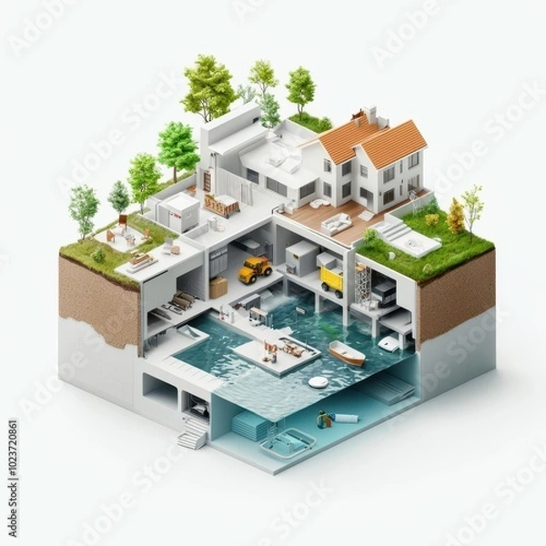 Obraz Detailed diagram of a hurricane shelter system integrated into urban flood defense planning, Shelter Systems, Flood Management