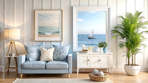 Fototapeta Mock up frame in home interior background, coastal style living room with marine decor, 3d render, white Mock up frame