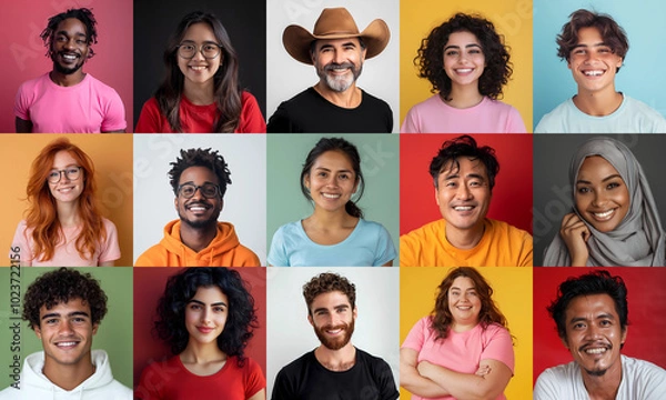 Fototapeta Carefree multiracial people, different ages, showing happy smiles. Collection mosaic close portraits over colorful studio background, creative image, square