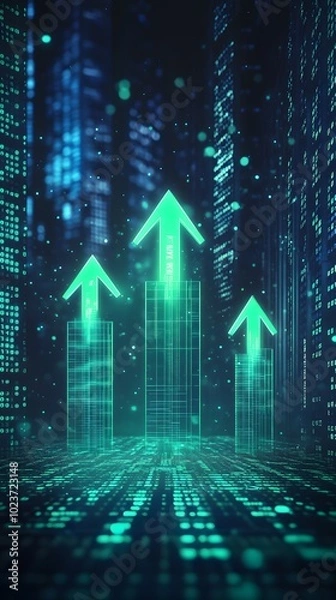Fototapeta A green, glowing arrow on the background of stock market charts