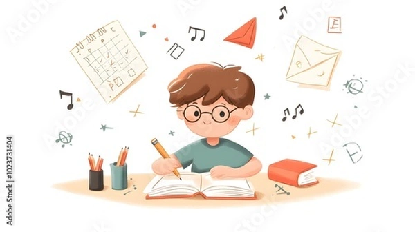 Fototapeta A boy is doing homework, in a simple flat illustration style with cartoon characters and lines, doodle style