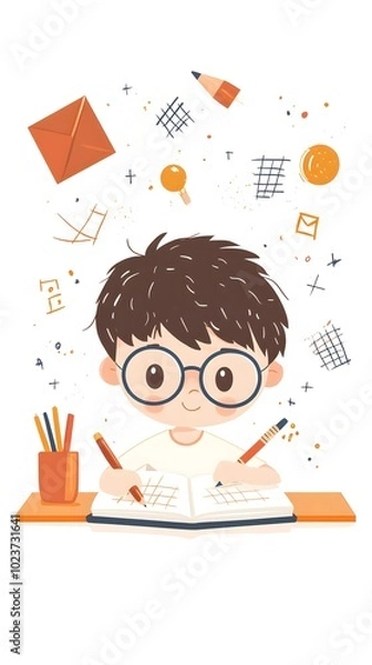 Fototapeta A boy is doing homework, in a simple flat illustration style with cartoon characters and lines, doodle style