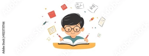 Fototapeta A boy is doing homework, in a simple flat illustration style with cartoon characters and lines, doodle style