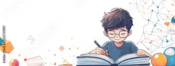 Fototapeta A boy is doing homework, in a simple flat illustration style with cartoon characters and lines, doodle style