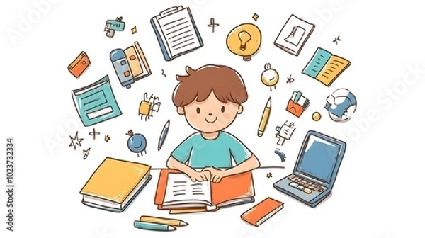 Fototapeta A boy is doing homework, in a simple flat illustration style with cartoon characters and lines, doodle style