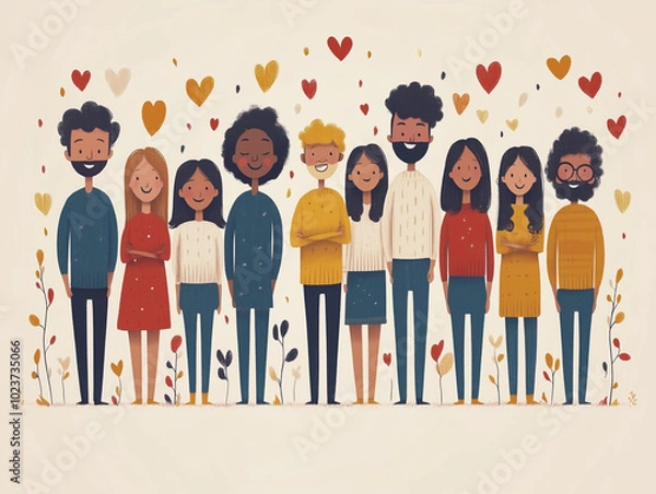 Fototapeta Flat illustration of diverse people, front view, inclusive, vibrant colors with floral accents