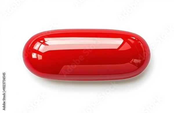 Fototapeta A shiny, vibrant red capsule pill lies elegantly on a stark white background. Its glossy finish and smooth curves capture attention, embodying modern design simplicity.