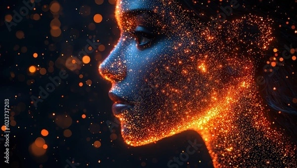Fototapeta illustration of the profile face of an AI robot made up only from glowing digital data points, set against a dark background with bokeh lights
