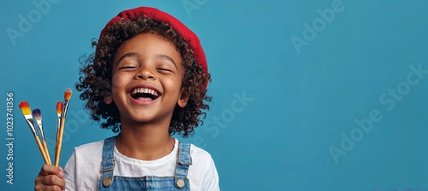 Fototapeta happy young boy holding paintbrushes in front of blue background, generative ai