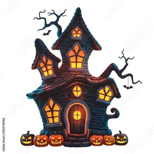 Fototapeta Halloween house with pumpkin isolated on white background
