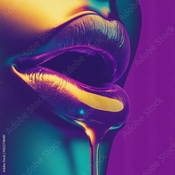 Fototapeta Vibrant neon allure: a fusion of biblical motifs and fetish aesthetics at the twilight hour