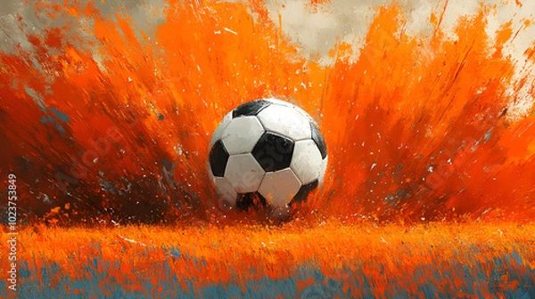 Fototapeta A dynamic soccer ball bursts through a vivid orange explosion on a textured background during a match