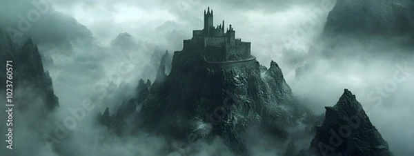 Fototapeta A misty mountain range with an ancient castle perched on the peak, surrounded by dense forests and winding paths leading to hidden castles nestled in the mountains