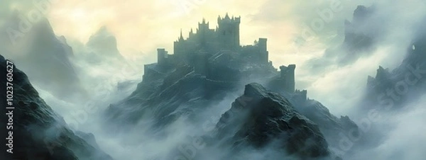 Fototapeta A misty mountain range with an ancient castle perched on the peak, surrounded by dense forests and winding paths leading to hidden castles nestled in the mountains