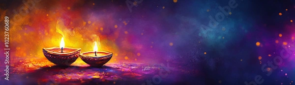 Obraz Lit diya traditional oil lamp on colorful abstract rangoli background. Deepavali, Diwali. Hindu festival of lights. Template with copy space for greeting card, banner, poster for Indian holidays