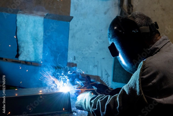 Fototapeta A worker performing welding in a dimly lit boiler room with sparks flying and protective gear on for safety
