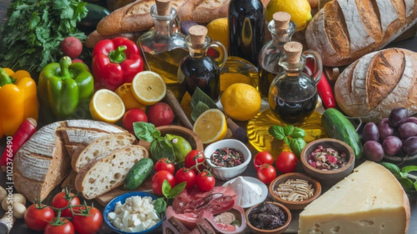 Fototapeta Rustic Italian Food Table with Bread  Cheese  Vegetables  and Olives