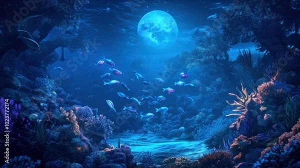 Fototapeta A Nighttime Underwater Scene with Bioluminescent Fish and a Full Moon