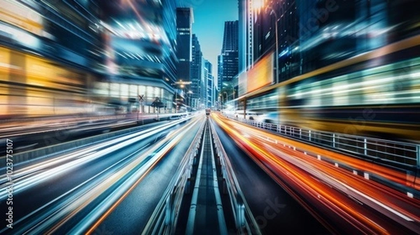Fototapeta Car headlights illuminate the hustle and bustle of urban life.