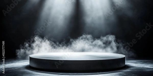 Fototapeta A striking dark podium set against a smoky black backdrop.