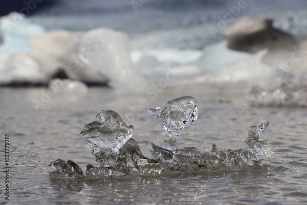 Fototapeta Ice formations are floating on top of frigid water with icebergs blurred in the background