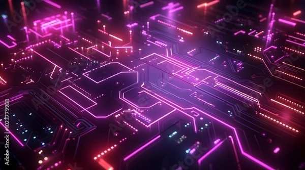 Fototapeta A background of a digital circuit board with glowing lines and neon lights, representing the high-tech nature of AI technology