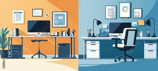 Fototapeta Traditional Office vs. High-Tech Workspace: Modern Technology Advantages for Productivity and Design