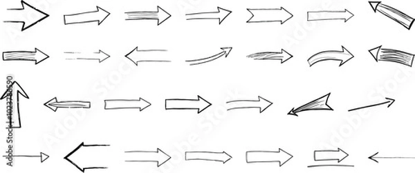 Obraz This image depicts a diverse set of arrows, all hand-drawn in a simple, black outline style. The arrows point in different directions, suggesting motion, direction, or guidance.