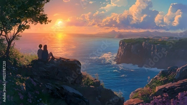 Fototapeta A couple sitting on the edge of an ocean cliff, watching as the sun sets over the horizon